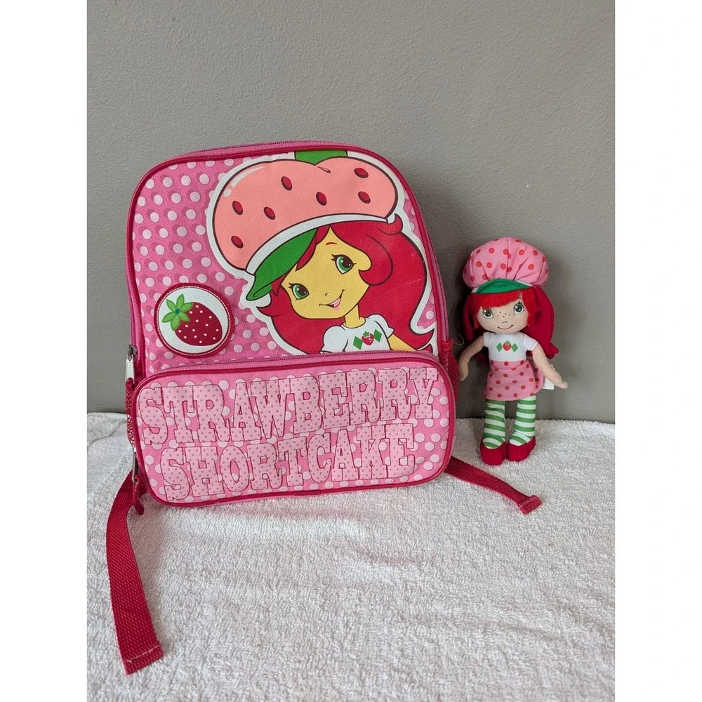 Strawberry Shortcake Small Pink Polka Dot Backpack Pockets Zip 2015 & Doll Plush